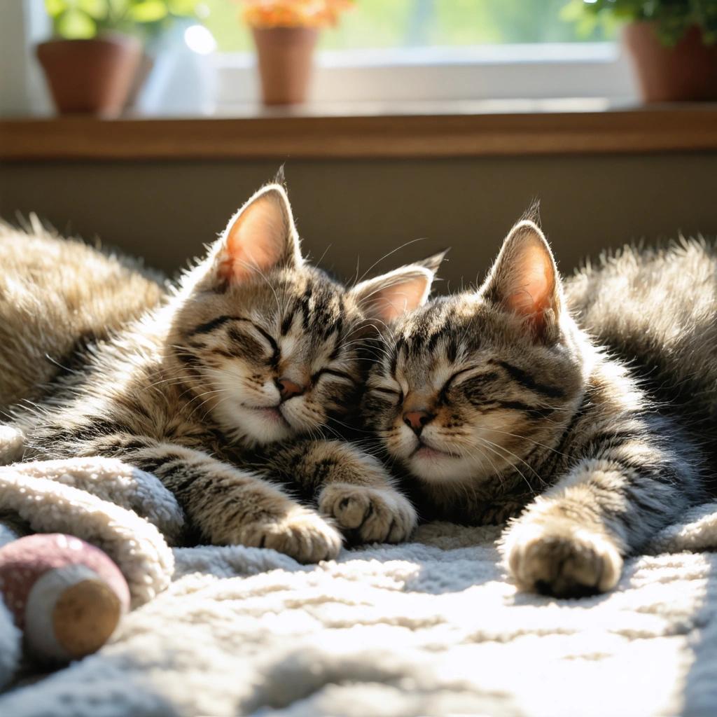 Un chaton et un chat sénior dorment ensemble sur une couverture douce, baignés de soleil et entourés d'une atmosphère paisible.