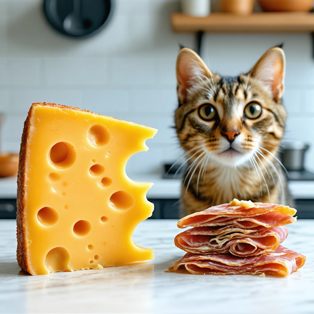 Scène amusante dans une cuisine montrant un choix entre une étrange friandise au fromage et une viande séchée naturelle, avec un chat curieux caché et une personne cherchant un sachet perdu.