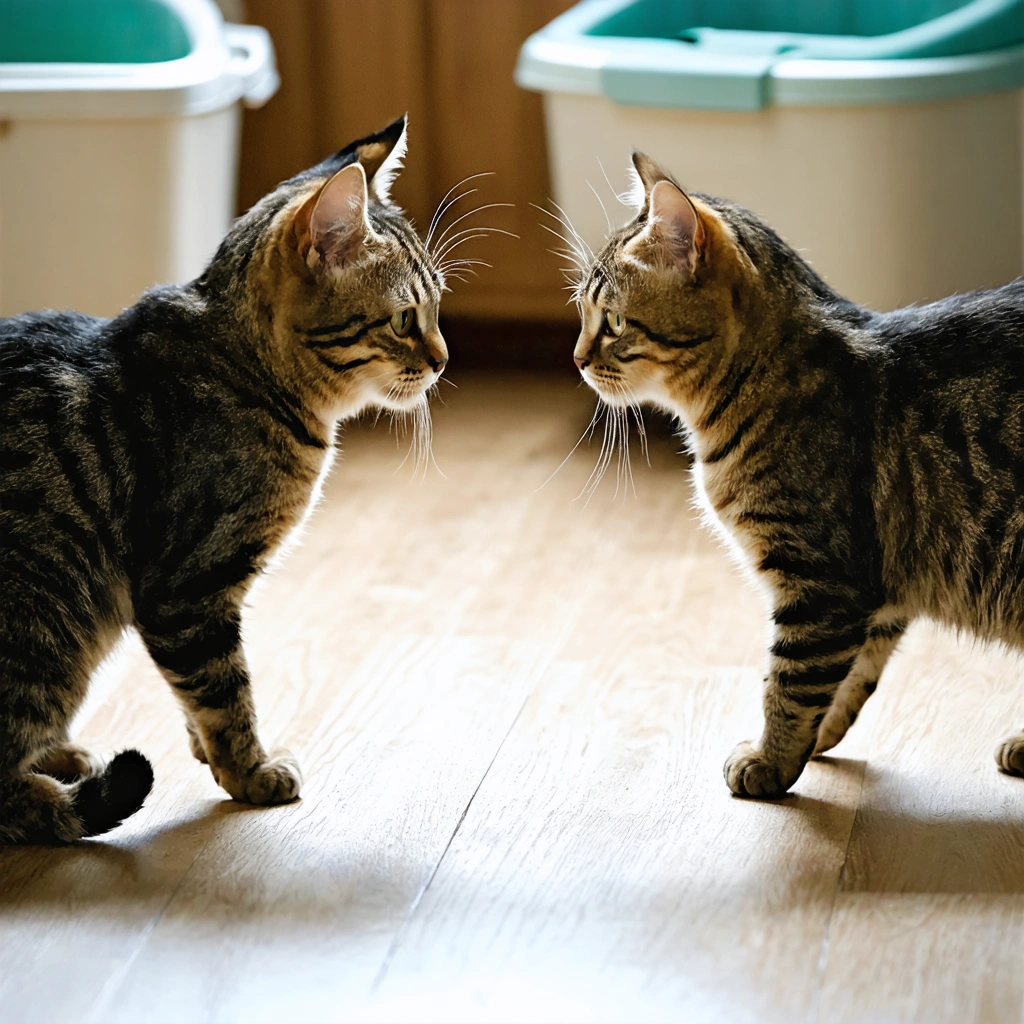 Deux chats découvrent paisiblement leur nouvel espace de vie propre, avec deux litières séparées et une ambiance chaleureuse.