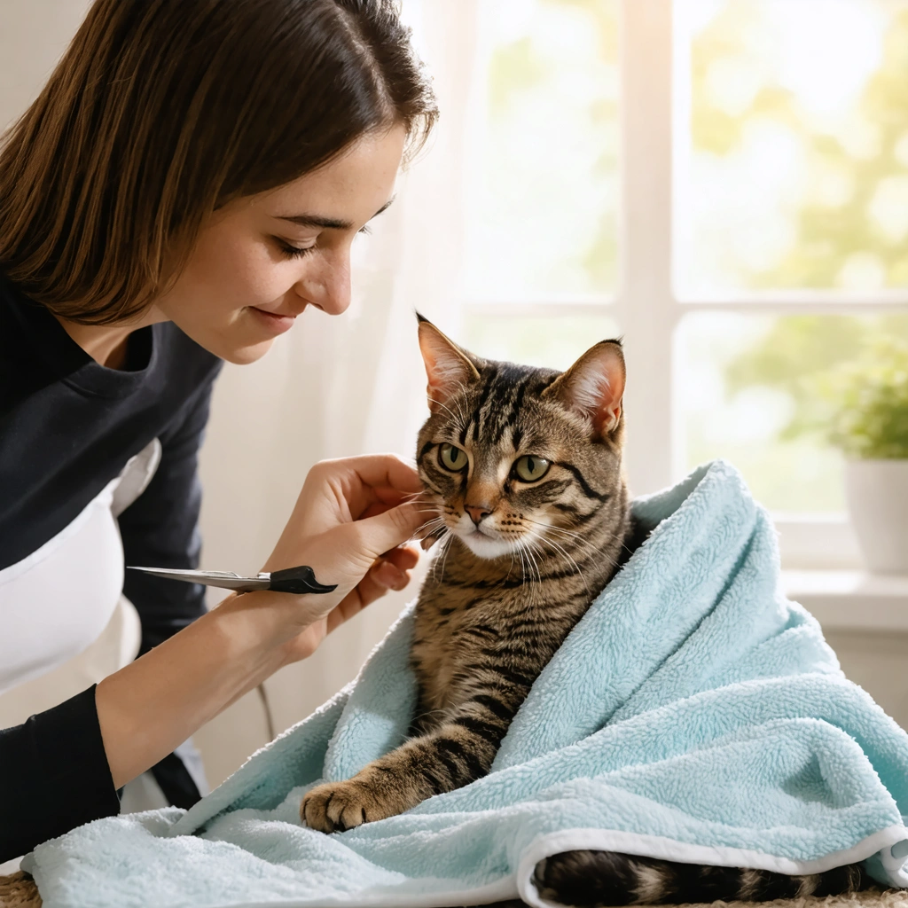 Une femme coupe délicatement les griffes d'un chat tigré enveloppé dans une serviette, dans un salon chaleureux.