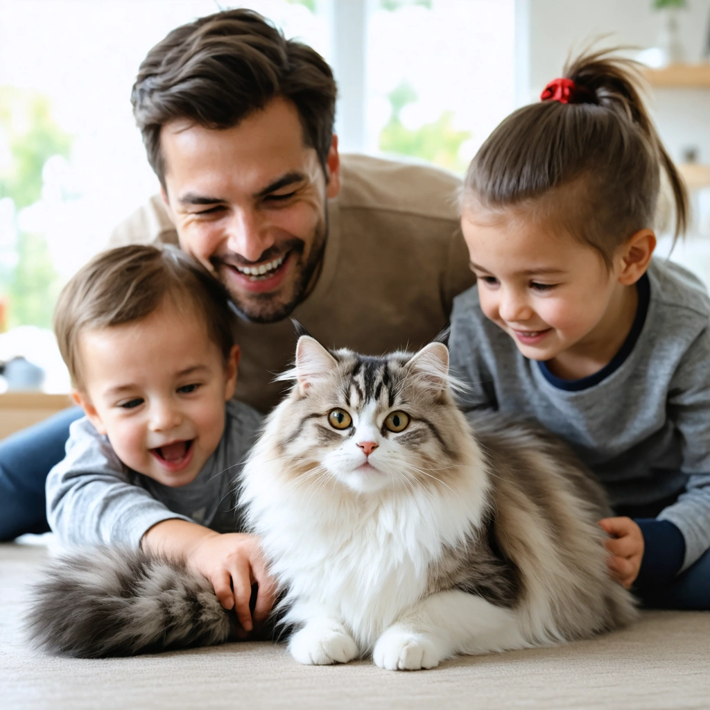 Une famille souriante avec un chat Sibérien hypoallergénique dans un salon lumineux et convivial, tous heureux et détendus.