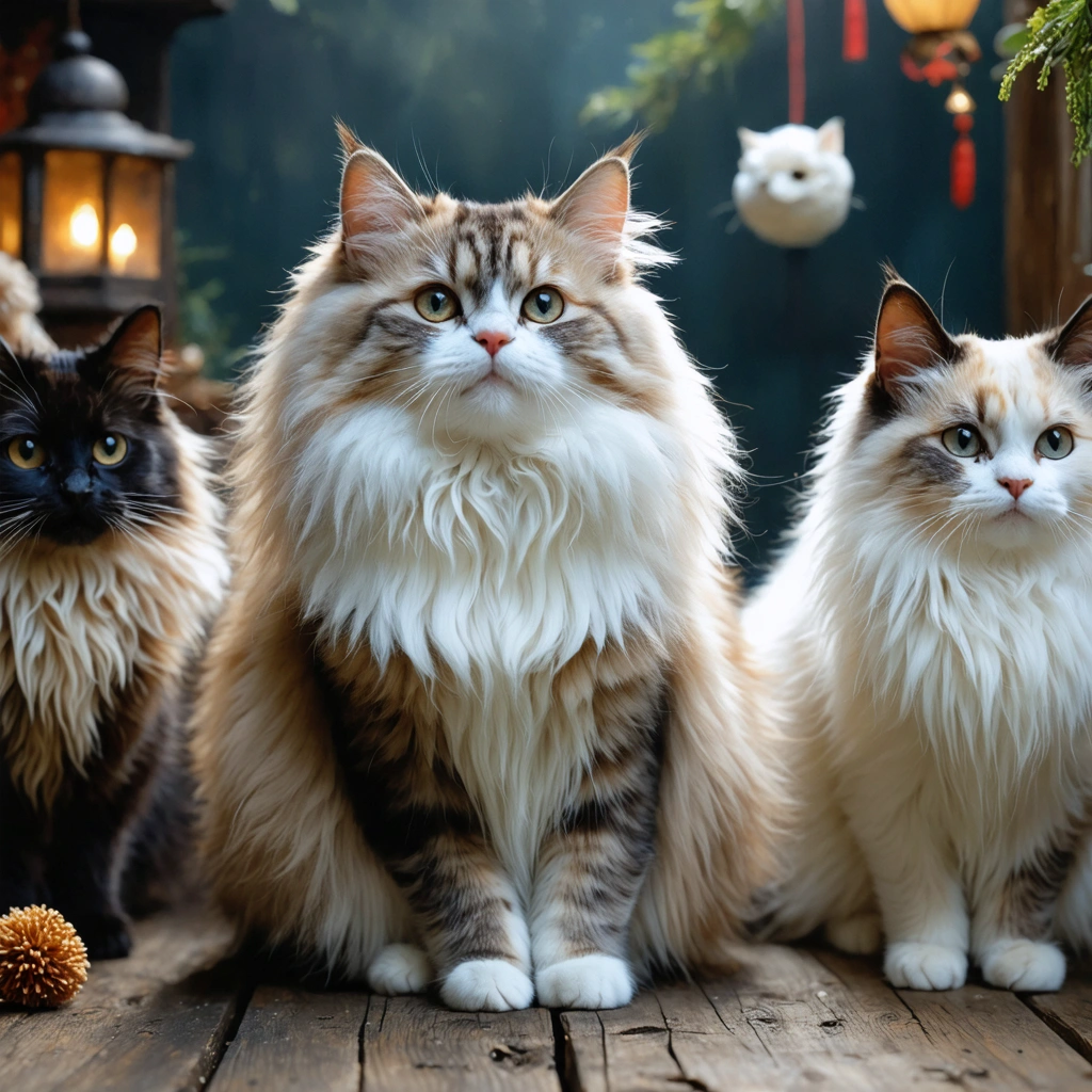 Groupe de chats célèbres comme le Manx sans queue, un Cymric à poil long et un Bobtail japonais à queue courte, réunis dans un décor féérique et mystérieux.