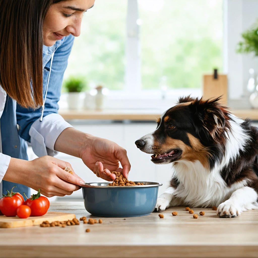Un maître attentif empêche son chien de manger des aliments dangereux et lui propose une gamelle de croquettes adaptées, illustrant la gestion stricte de l'alimentation pour la santé de l'animal.