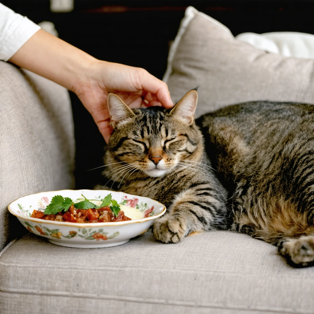 Un chat allongé paisiblement sur un canapé se fait caresser doucement par une main humaine, dans une ambiance détendue et chaleureuse.