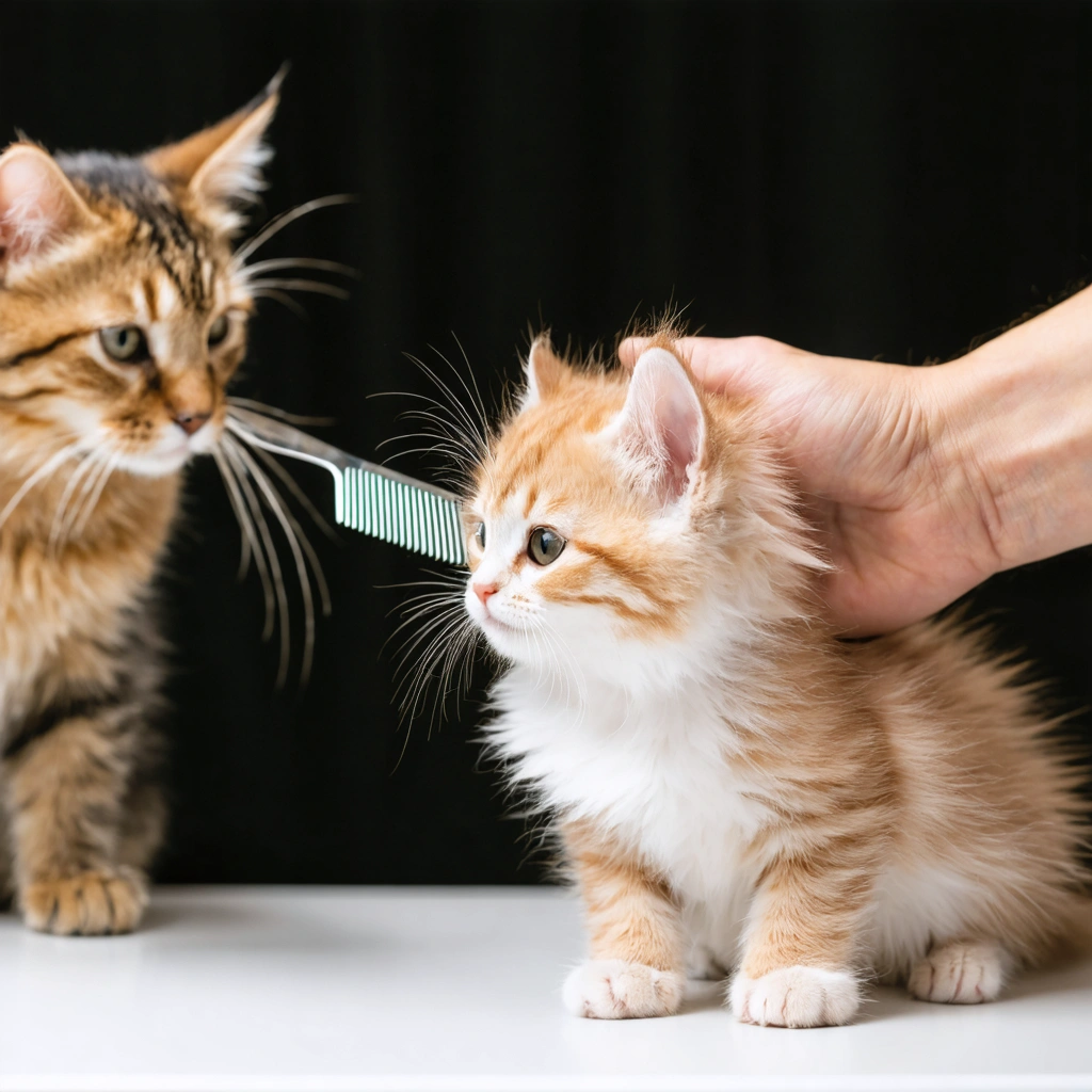 Un chaton doux se fait peigner délicatement pour enlever les puces, près de sa mère, dans un environnement propre et lumineux.