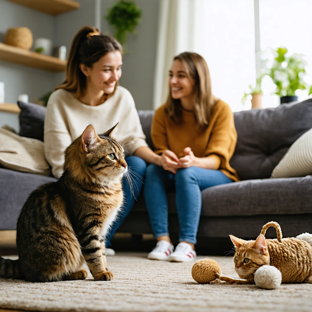 Une femme présente son chat à deux amis dans un salon chaleureux, avec des coussins et des jouets pour chat, créant une ambiance rassurante et détendue.