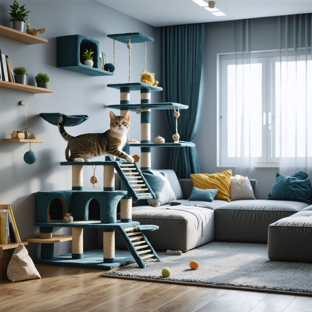 Un salon d'appartement moderne aménagé avec des parcours muraux pour chat, une grande arbre à chat et un hamac de fenêtre, avec un chat heureux grimpant et se reposant.