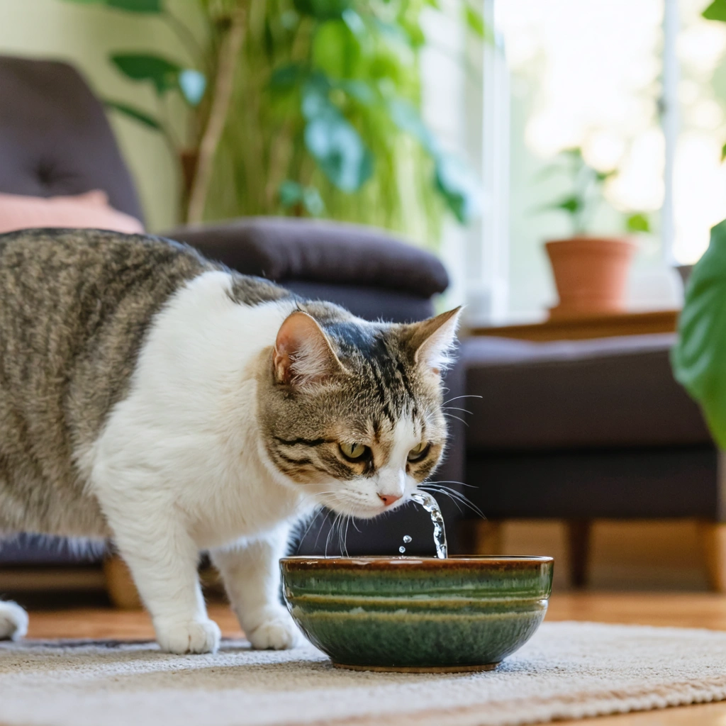 Un chat âgé boit de l'eau fraîche dans un bol en céramique, confortablement installé dans un salon lumineux.