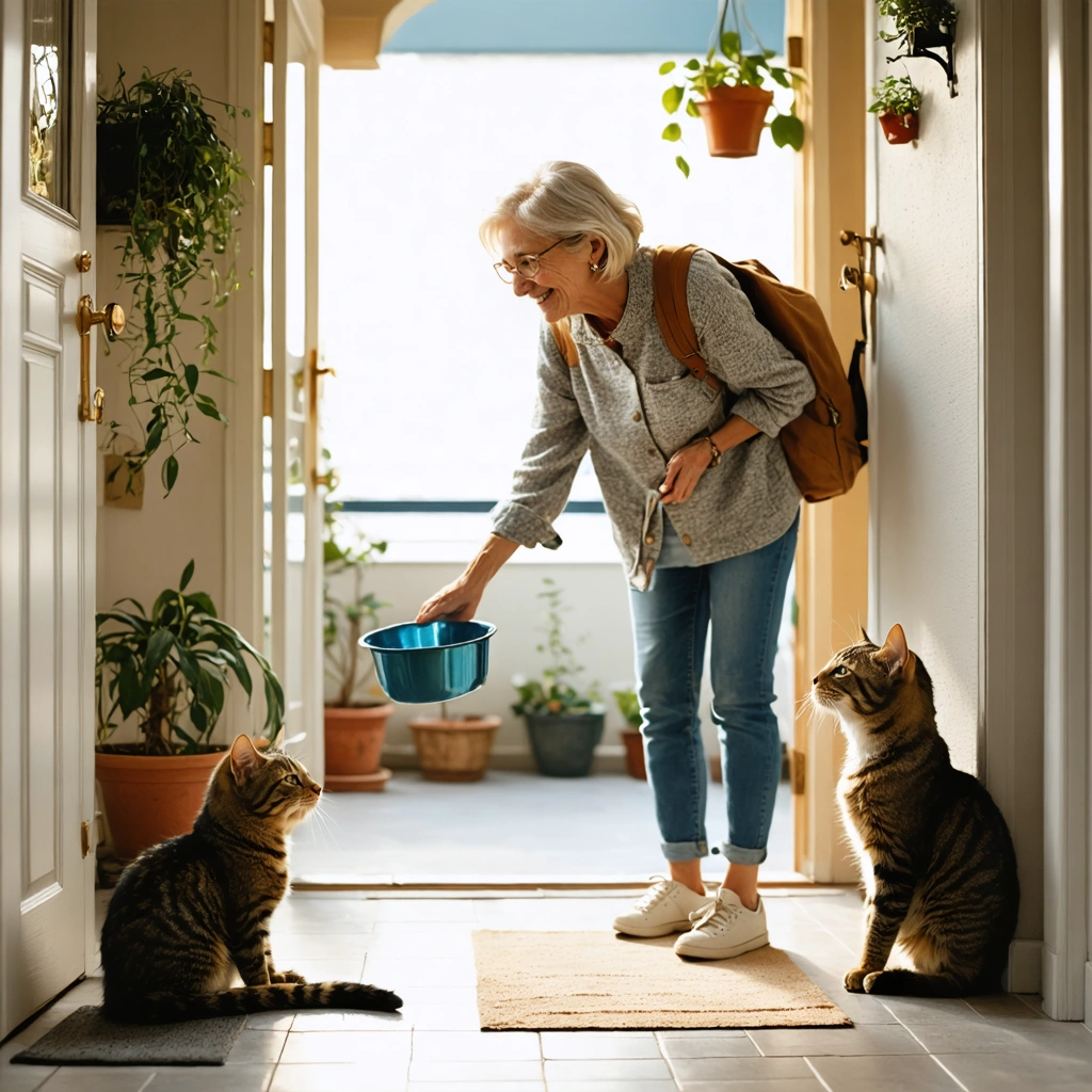 Un voisin souriant donne de l'eau et de la nourriture à un chat assis devant une porte dans un couloir d'immeuble, illustrant la solidarité entre voisins.