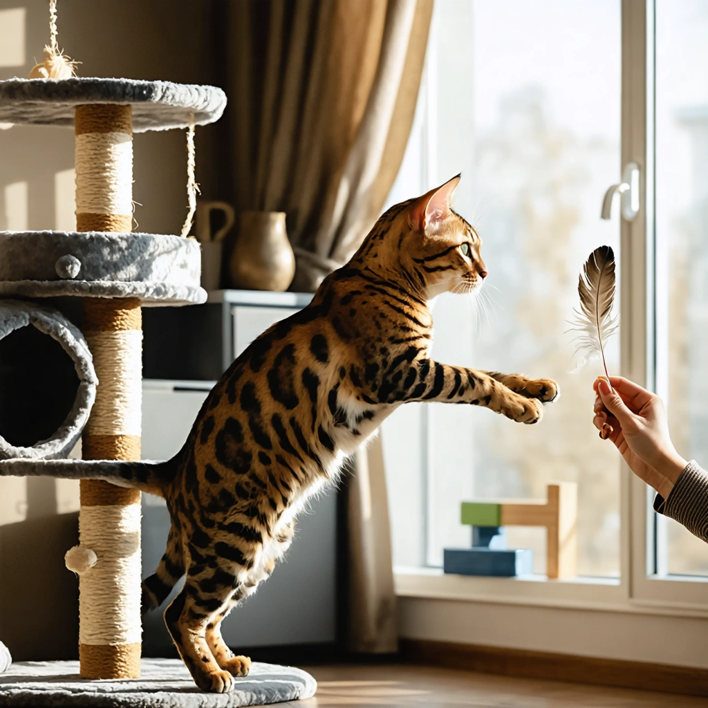 Un chat Bengal en intérieur saute entre un arbre à chat et des étagères murales pendant une séance de jeu dans un appartement lumineux.