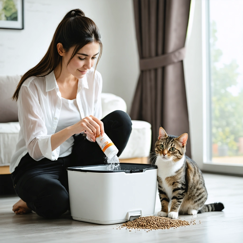 Une femme verse un peu de bicarbonate de soude dans un bac a litiere propre pendant qu un chat d interieur observe calmement dans un appartement lumineux.