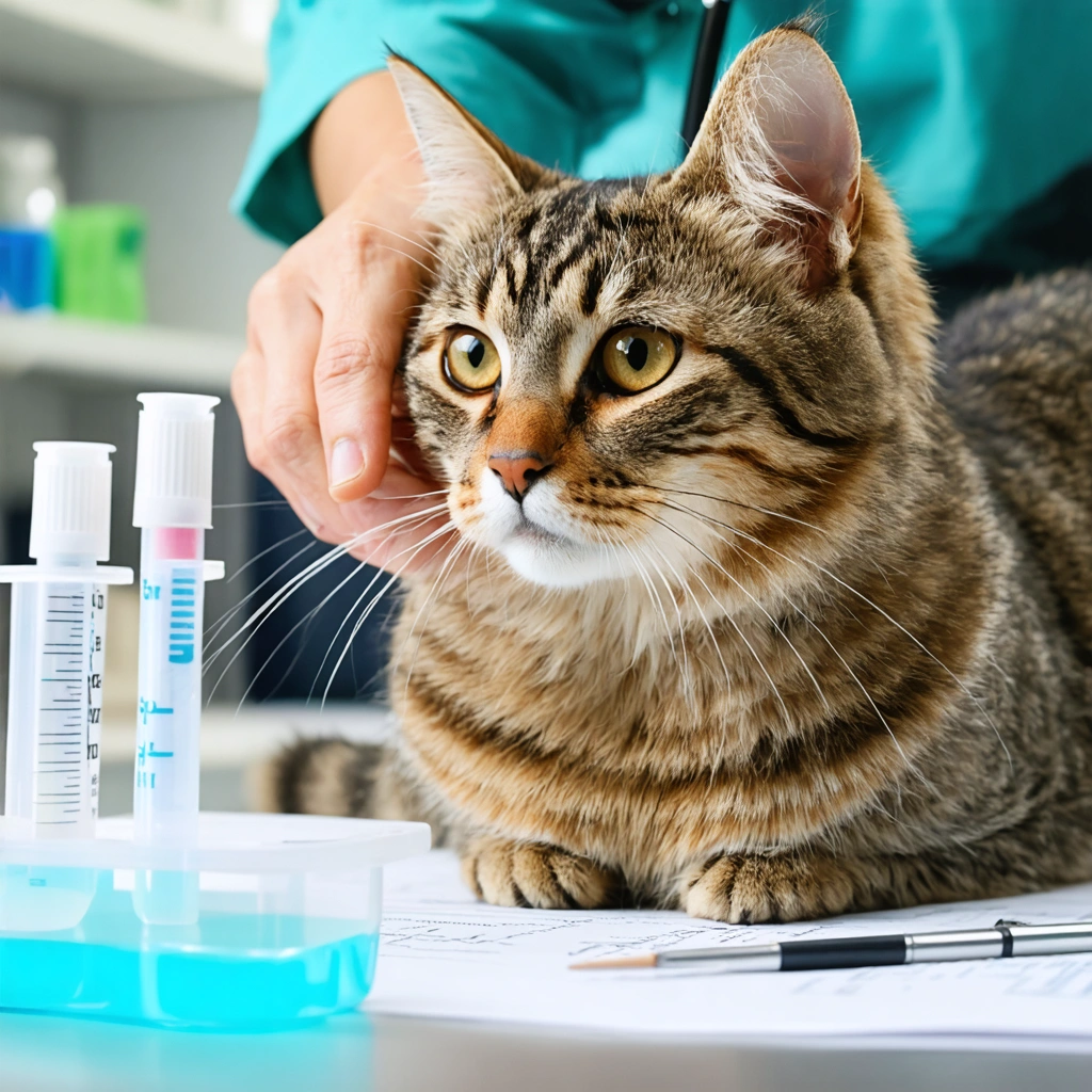 Un chat senior chez le veterinaire pendant un bilan de sante annuel avec examen clinique et analyses preparees
