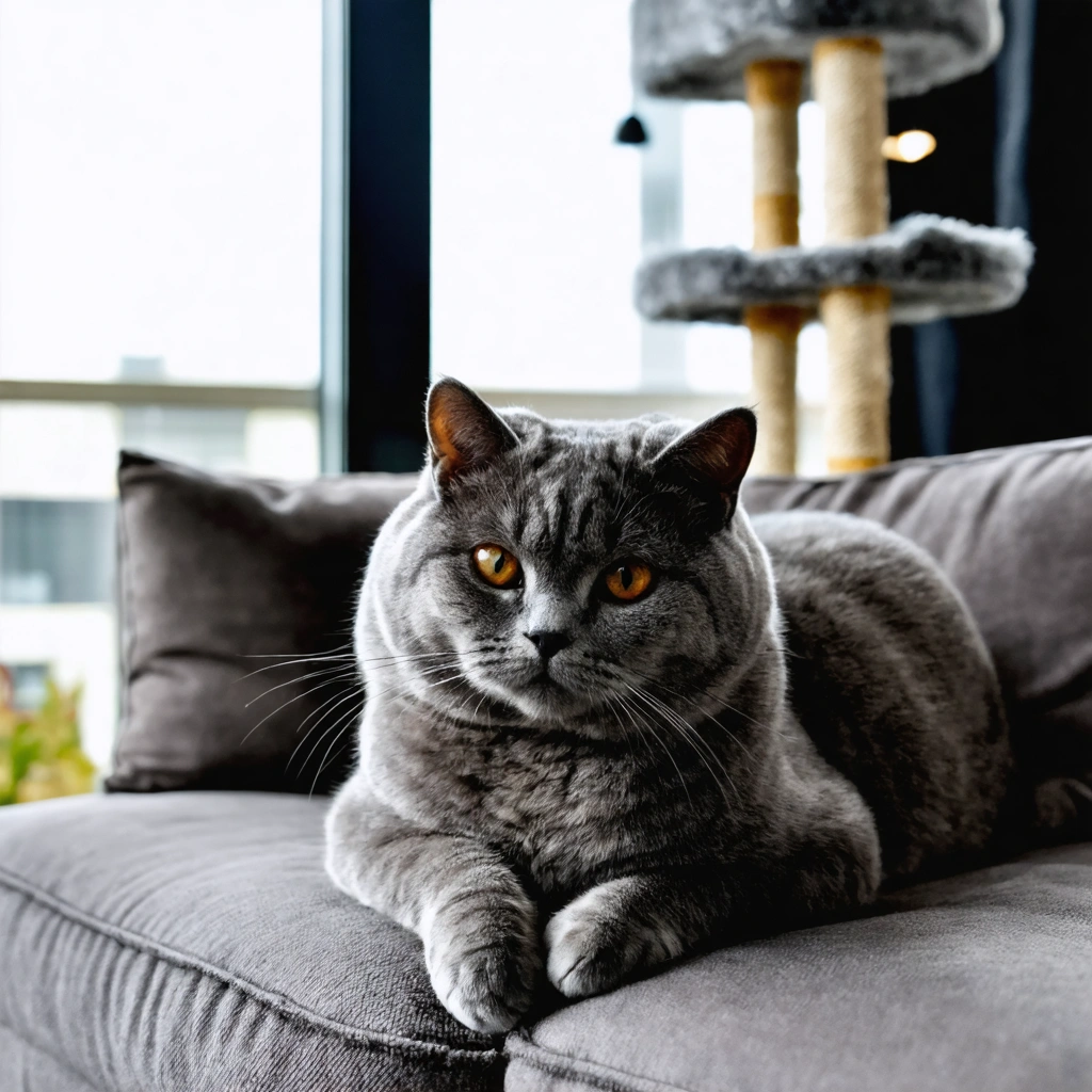 Un chat British Shorthair au pelage gris repose calmement sur un canapé dans un appartement lumineux, près d'une fenêtre, avec une ambiance douce et paisible.