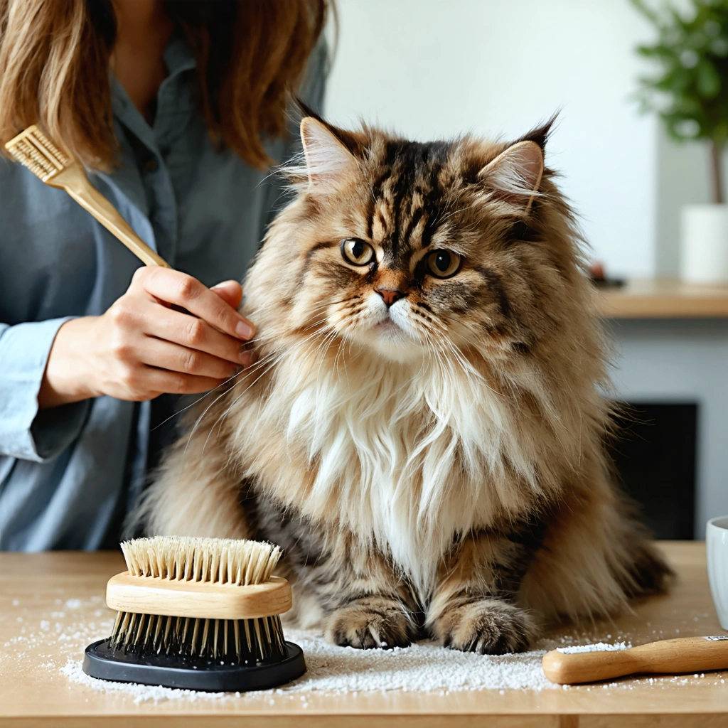 Une femme brosse délicatement un chat persan au pelage long et dense avec un peigne métallique dans un intérieur calme et lumineux.