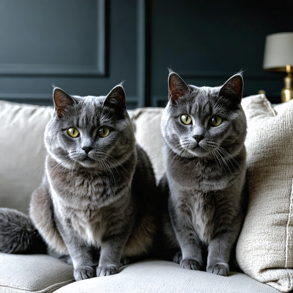 Un chartreux et un bleu russe assis côte à côte sur un canapé, montrant leurs différences physiques et leur attitude calme dans un salon lumineux.