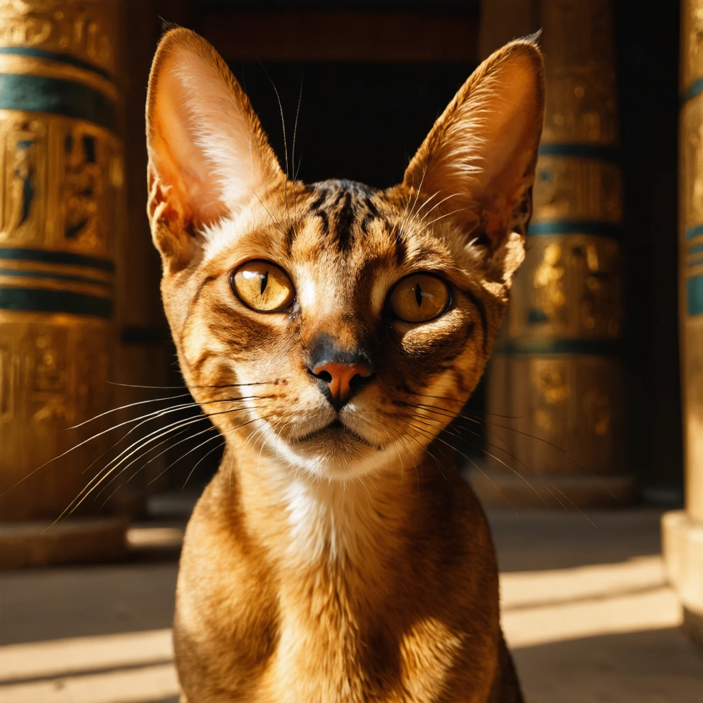 Un chat abyssin au pelage chaud et ticked, au regard ambré, posé dans une ambiance inspirée de l'Égypte ancienne avec une lumière dorée.