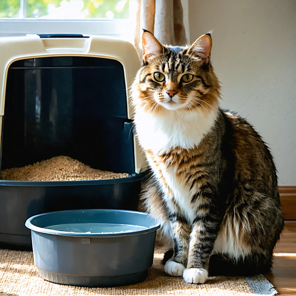 Un chat age assis pres d'une gamelle d'eau dans un interieur de maison, avec une expression calme et un pelage legerement terne, illustrant la surveillance des signes precoces d'insuffisance renale.