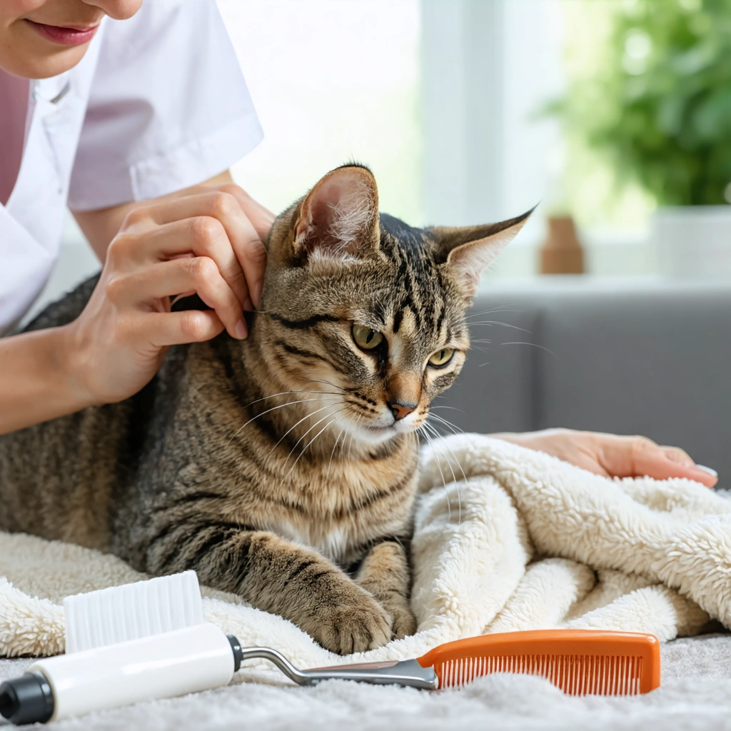 Un chat au pelage roux et blanc reçoit des soins doux à la maison, tandis qu’une main écarte les poils près de la base de la queue pour vérifier une irritation liée aux puces.