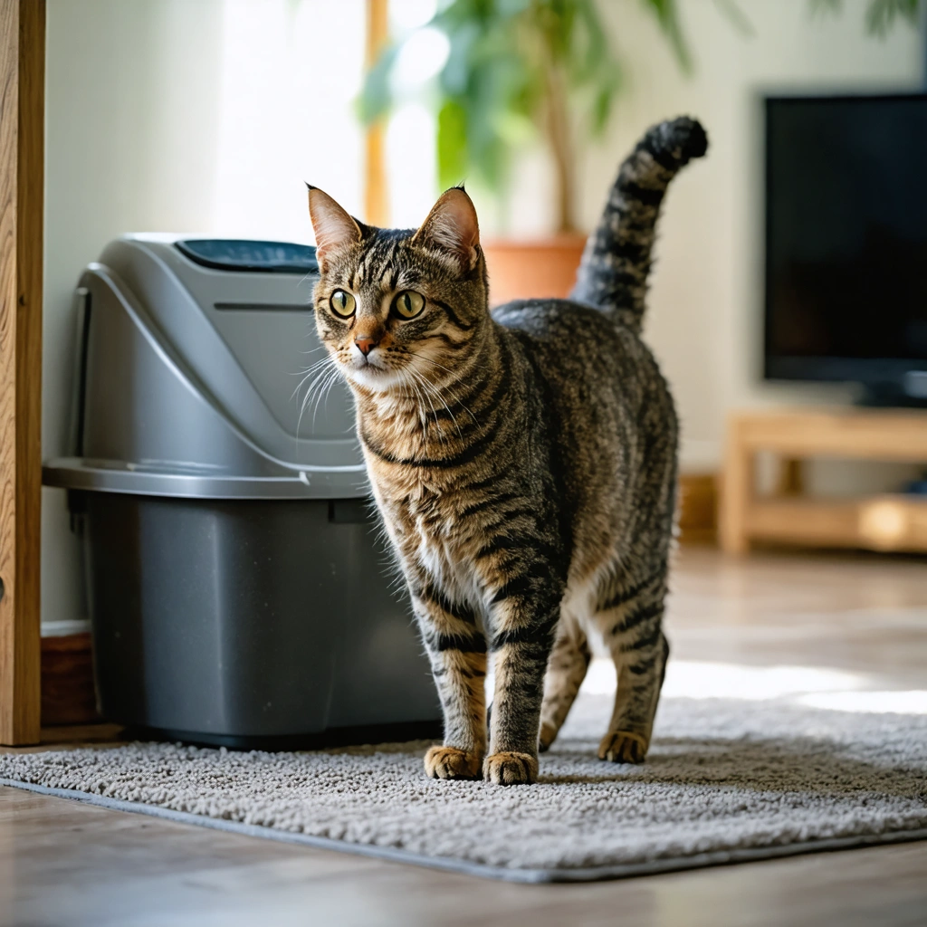 Chat age dans un interieur domestique, se tenant avec prudence pres d'une litiere basse, illustrant une possible arthrose des pattes arriere