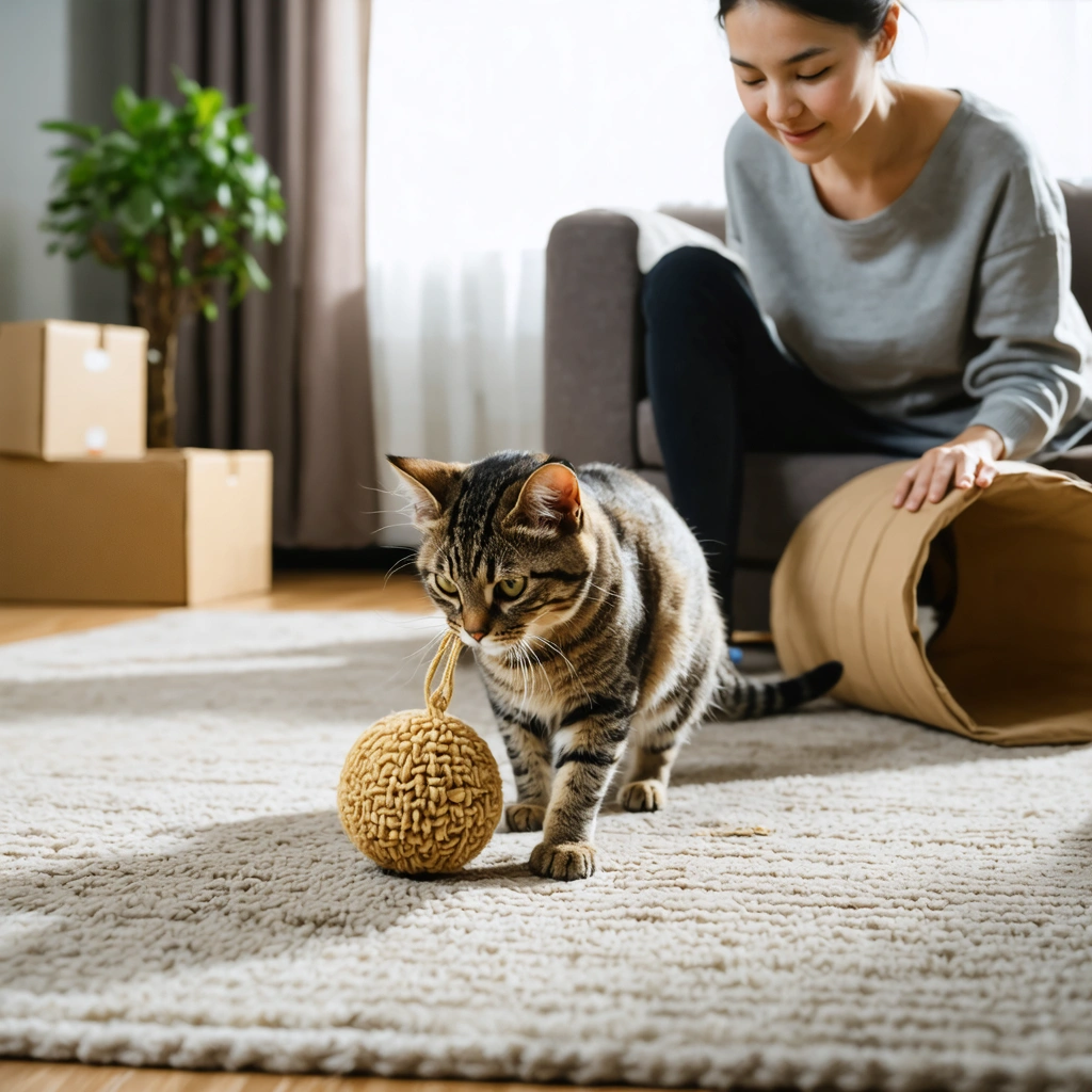Un chat aveugle ou malvoyant joue calmement sur un tapis dans un appartement, près de jouets sensoriels et sous le regard rassurant de sa gardienne.
