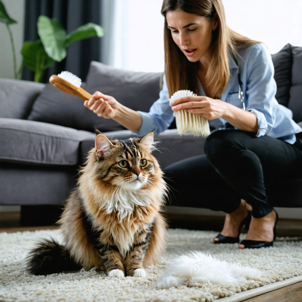 Un chat au pelage fourni dans un salon, près d'une petite boule de poils sur le tapis, tandis qu'une femme tient une brosse et s'apprête a prendre soin de lui.