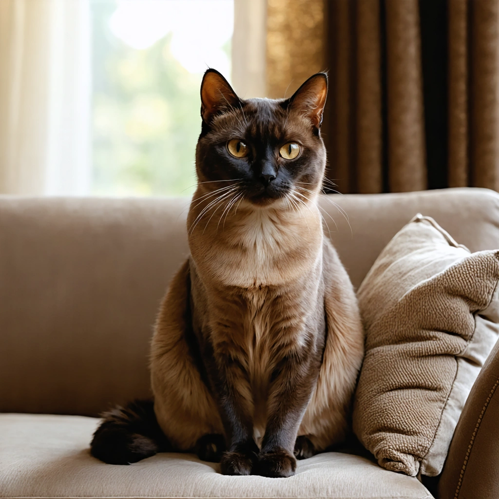 Un chat burmese brun au pelage court et soyeux, assis sur un canapé dans une lumière douce, montrant son corps compact et ses yeux dorés expressifs.