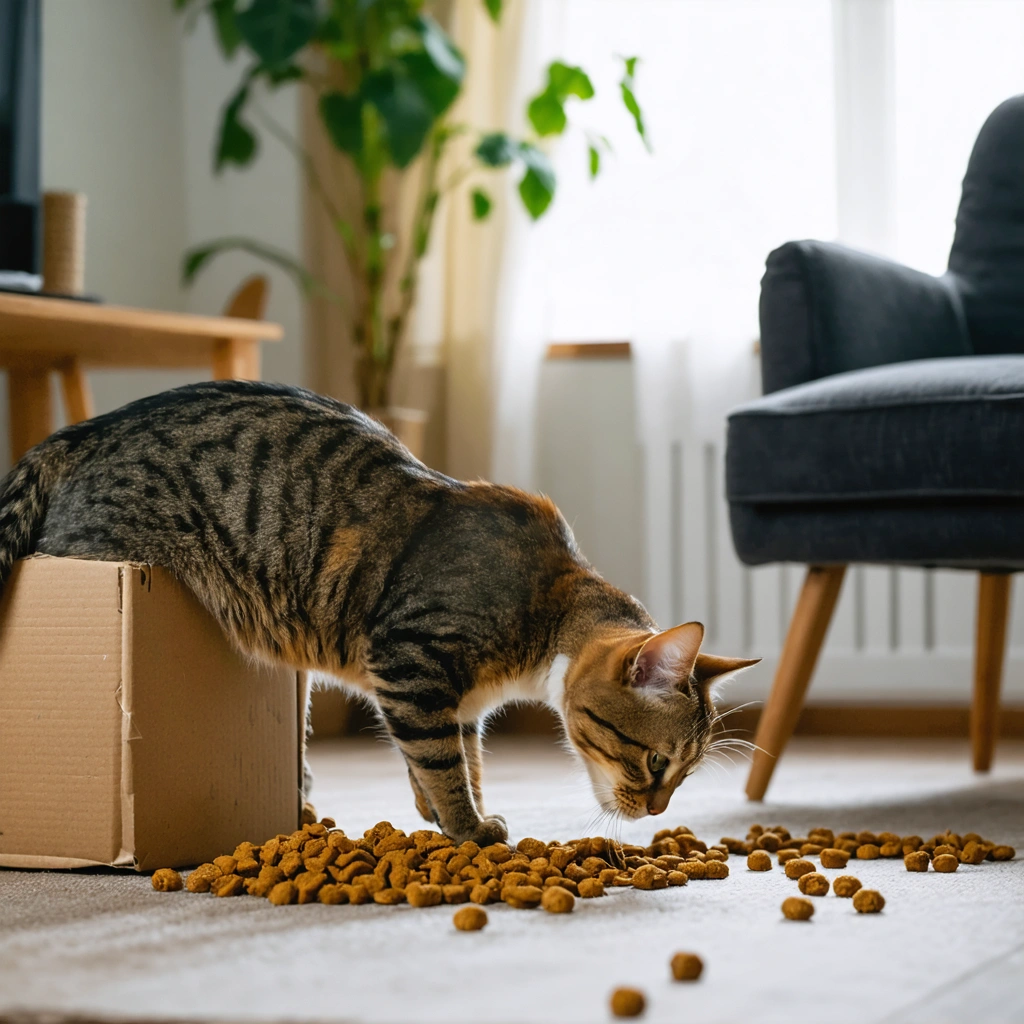 Un chat d’intérieur cherche des croquettes cachées dans un salon, près d’un carton, d’une chaise et d’un petit arbre à chat.