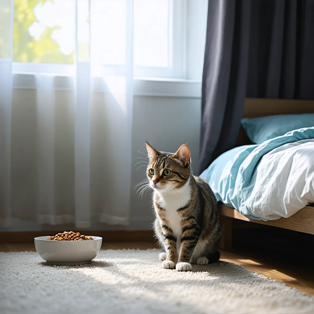 Une personne cherche doucement un chat caché dans une maison, avec une gamelle et un sachet de friandises à proximité, tandis que le chat reste partiellement dissimulé sous un meuble.