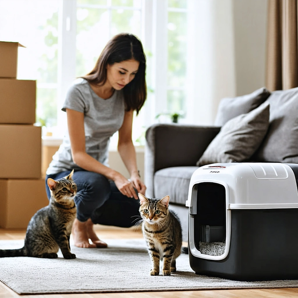 Un chat stressé près d'un canapé dans un salon encore rempli de cartons après un déménagement, pendant qu'une femme observe la situation.