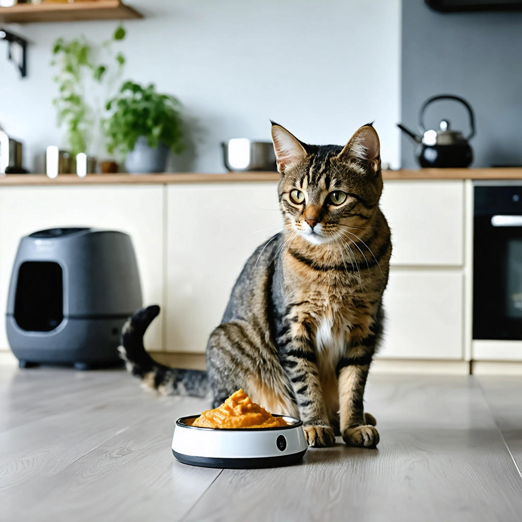 Un chat domestique près d'une gamelle contenant un peu de puree de citrouille, dans un interieur lumineux, pour illustrer l'aide digestive en cas de constipation.