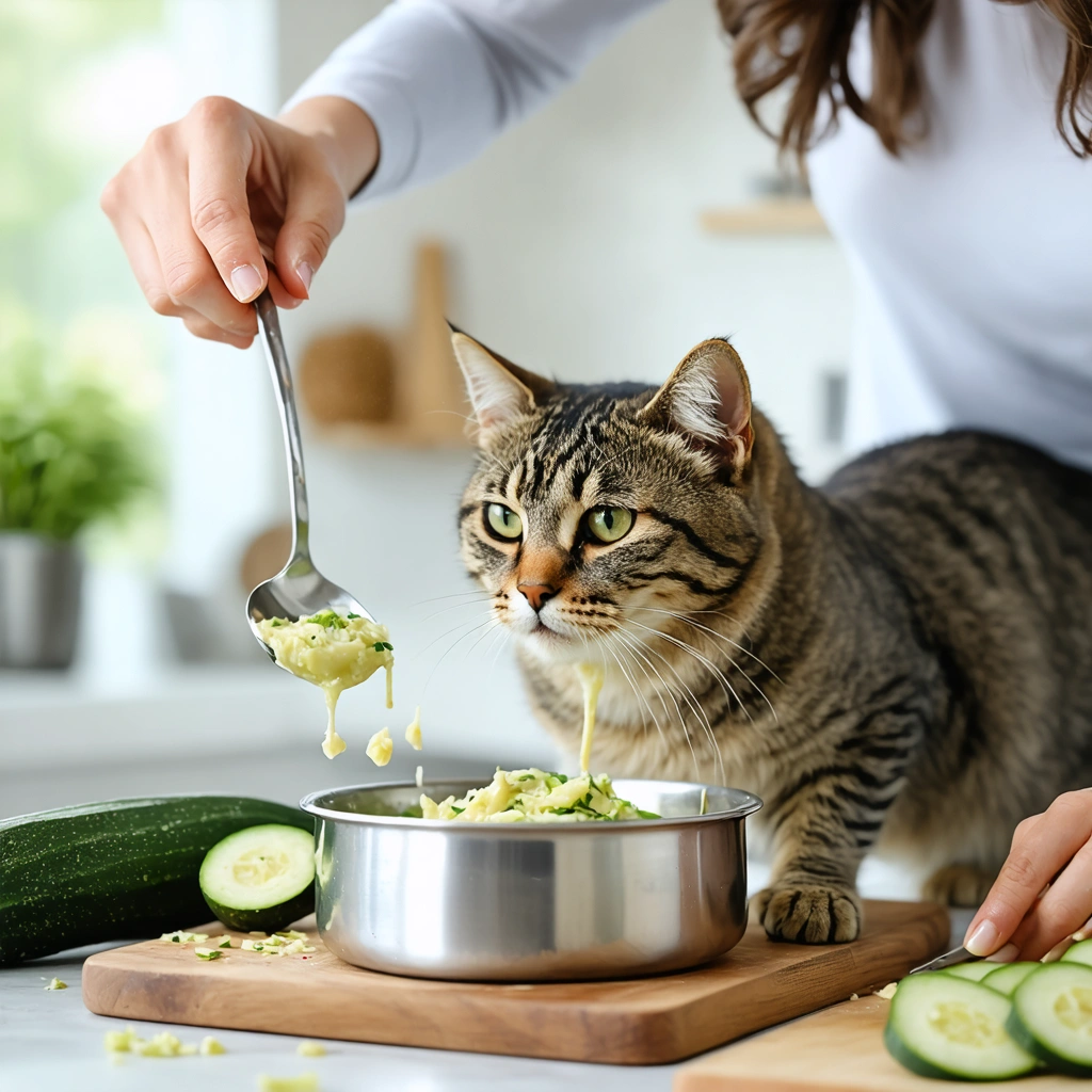 Une femme ajoute une petite quantité de courgette bouillie écrasée dans la gamelle d’un chat en surpoids, dans une cuisine lumineuse.