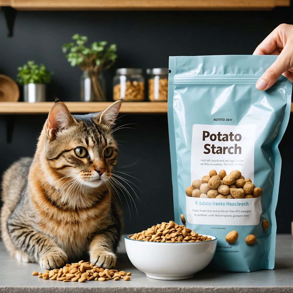 Un chat assis près d'une gamelle de croquettes pendant qu'une main examine l'étiquette d'un sac d'alimentation mentionnant l'amidon de pomme de terre.