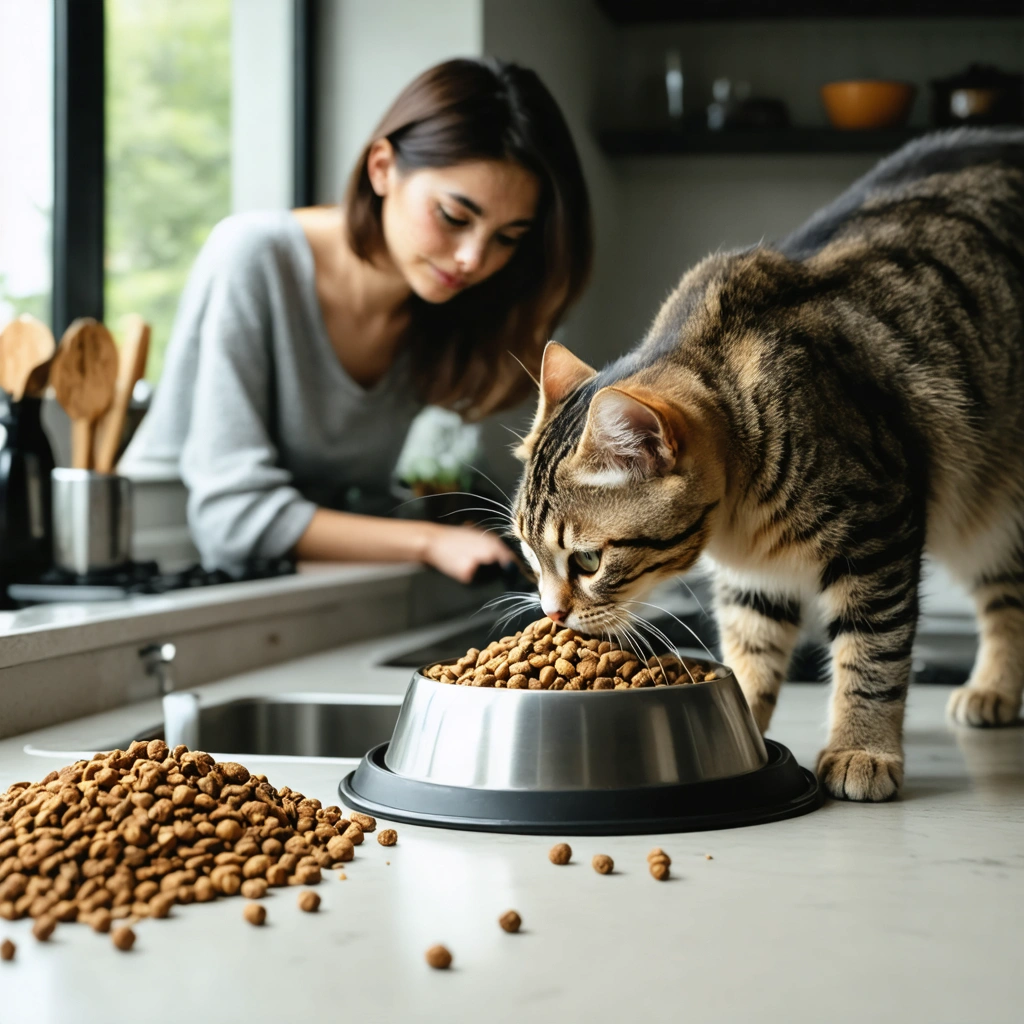 Un chat difficile renifle une gamelle de nouvelles croquettes dans une cuisine, pendant qu'une femme l'observe avec patience.