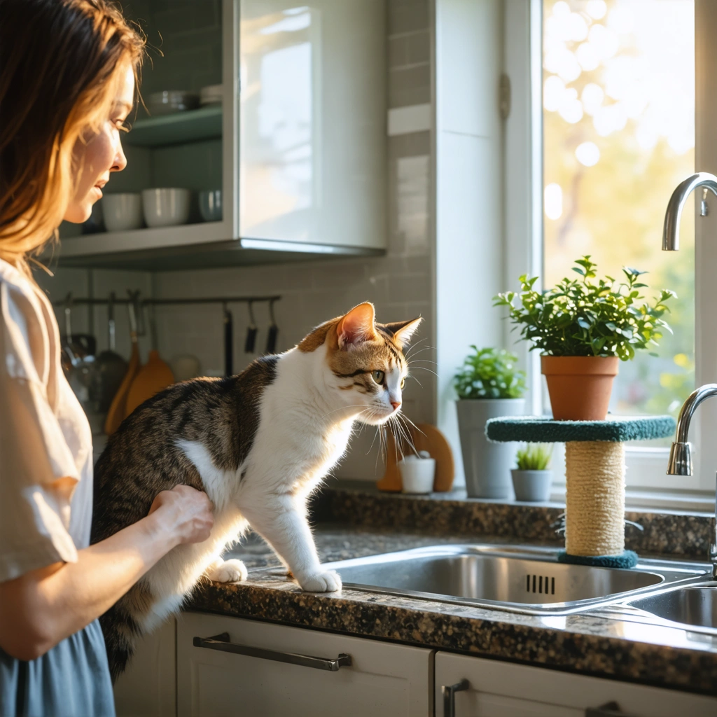 Un chat dans une cuisine moderne tente de monter sur le plan de travail pendant qu une femme le redirige calmement vers un arbre a chat place pres d une fenetre.
