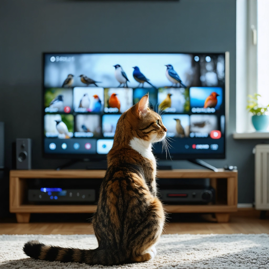 Un chat d’intérieur assis devant une télévision diffusant des vidéos d’oiseaux et de souris dans un salon calme et confortable
