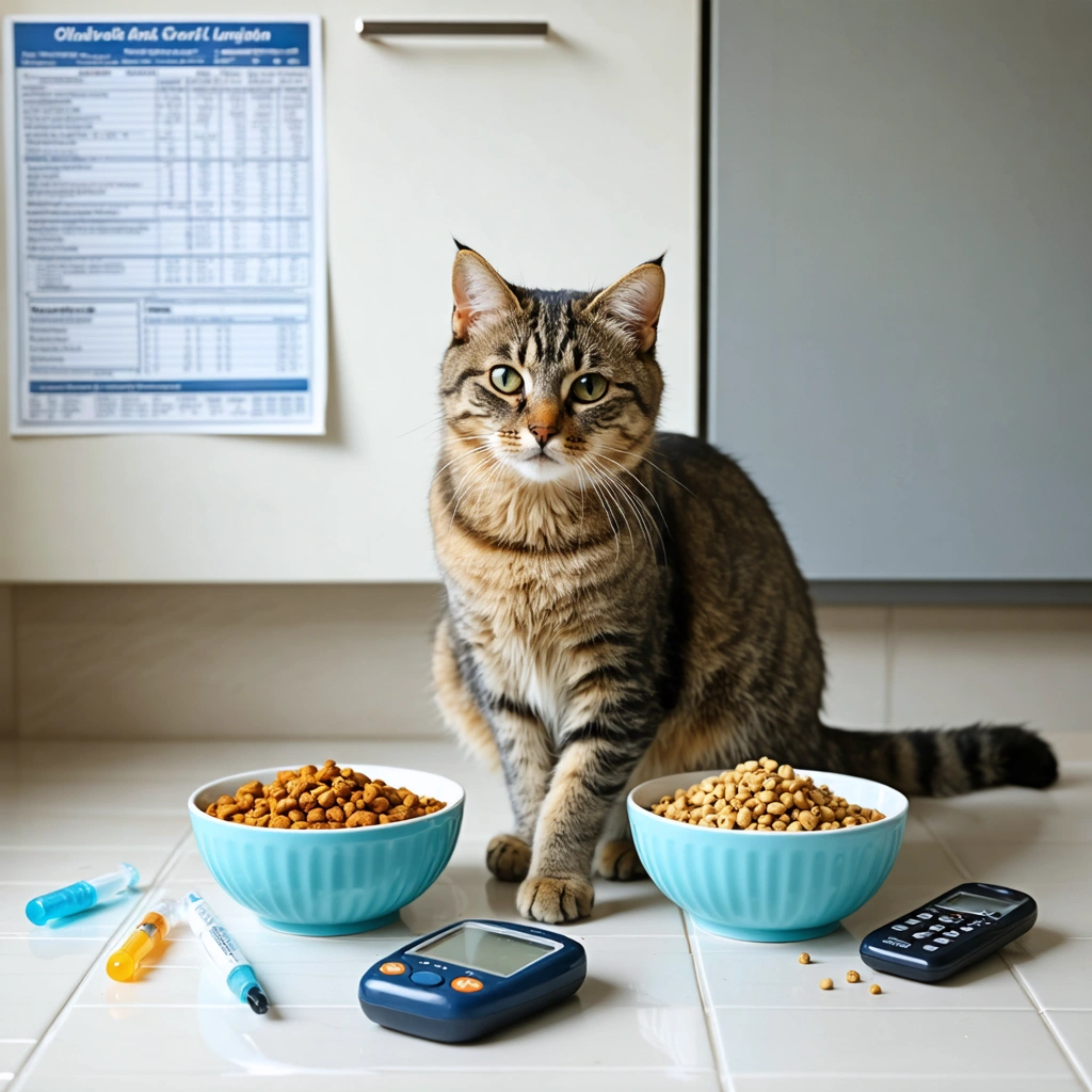 Un chat domestique observe deux gamelles, l’une avec de la pâtée et l’autre avec des croquettes, dans une cuisine, avec du matériel de suivi du diabète en arrière-plan.