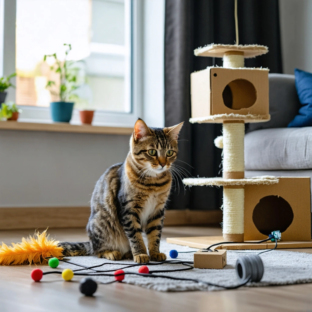 Un chat dans un salon observe des fils electriques tout en etant attire par des jouets, un arbre a chat et des activites d occupation adaptees.