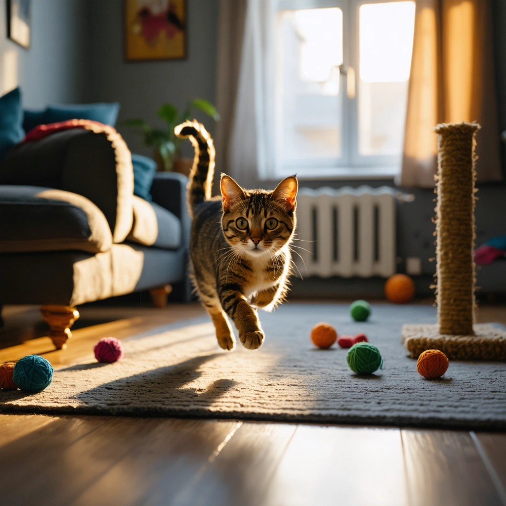 Un chat domestique court à toute vitesse dans un salon en fin de journée, au milieu de jouets et d'un arbre à chat, illustrant son quart d'heure de folie du soir.