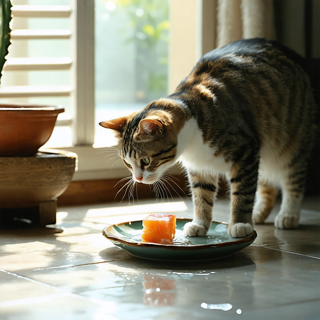 Un chat d’intérieur observe et lèche un petit glaçon à la viande posé sur une assiette, dans une pièce fraîche en été avec un bol d’eau à proximité.