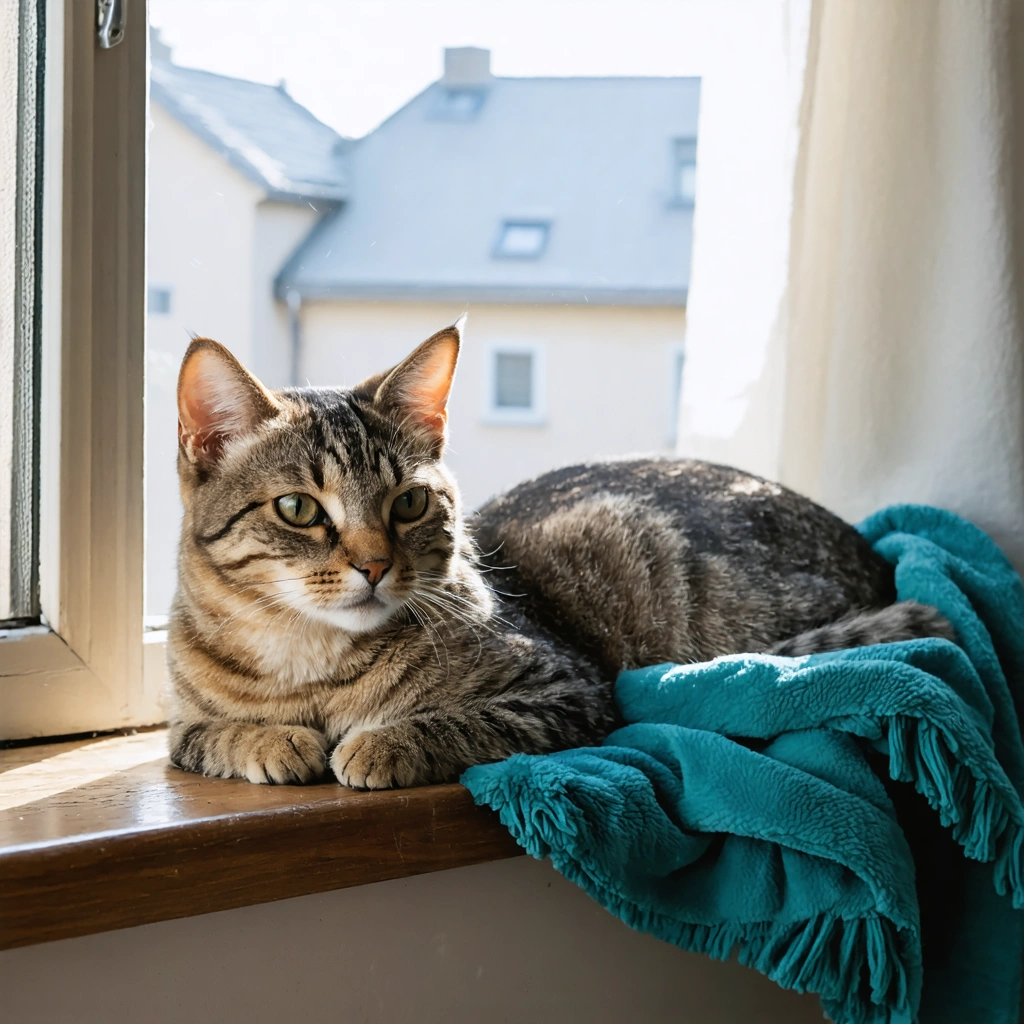 Un chat europeen de gouttiere au pelage court repose sur un rebord de fenetre dans un interieur lumineux et chaleureux, symbole de longévité et de bien-etre.