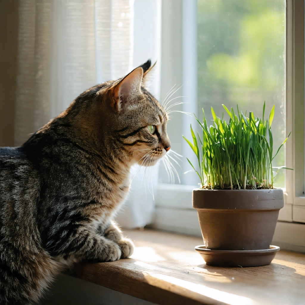 Un chat domestique mange de l’herbe à chat fraîche dans un petit pot près d’une fenêtre lumineuse