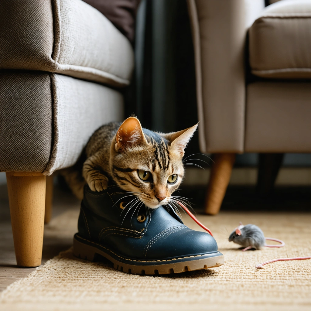 Un chat cache un petit jouet dans une chaussure près d’un canapé, avec d’autres jouets visibles sous les meubles dans un salon.