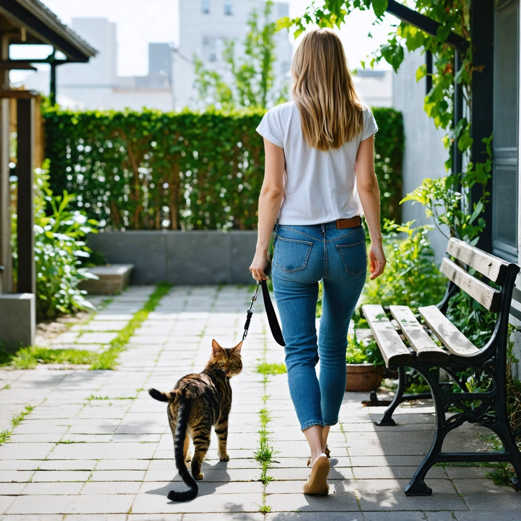 Une femme promene un chat en harnais et en laisse dans une cour urbaine calme avec de la vegetation et un banc.