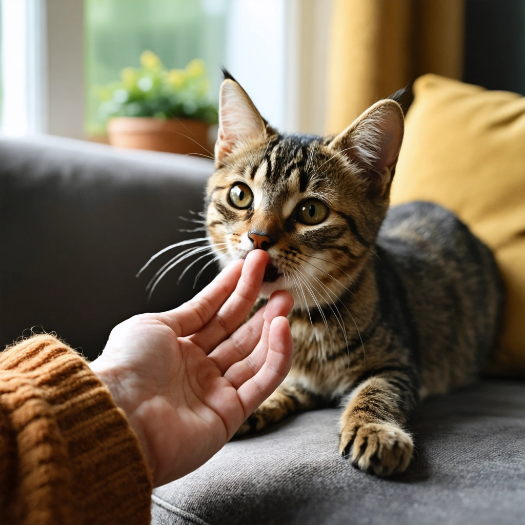 Un chat sur un canapé lèche la main de son humain puis la mordille doucement dans une scène réaliste de la vie quotidienne.