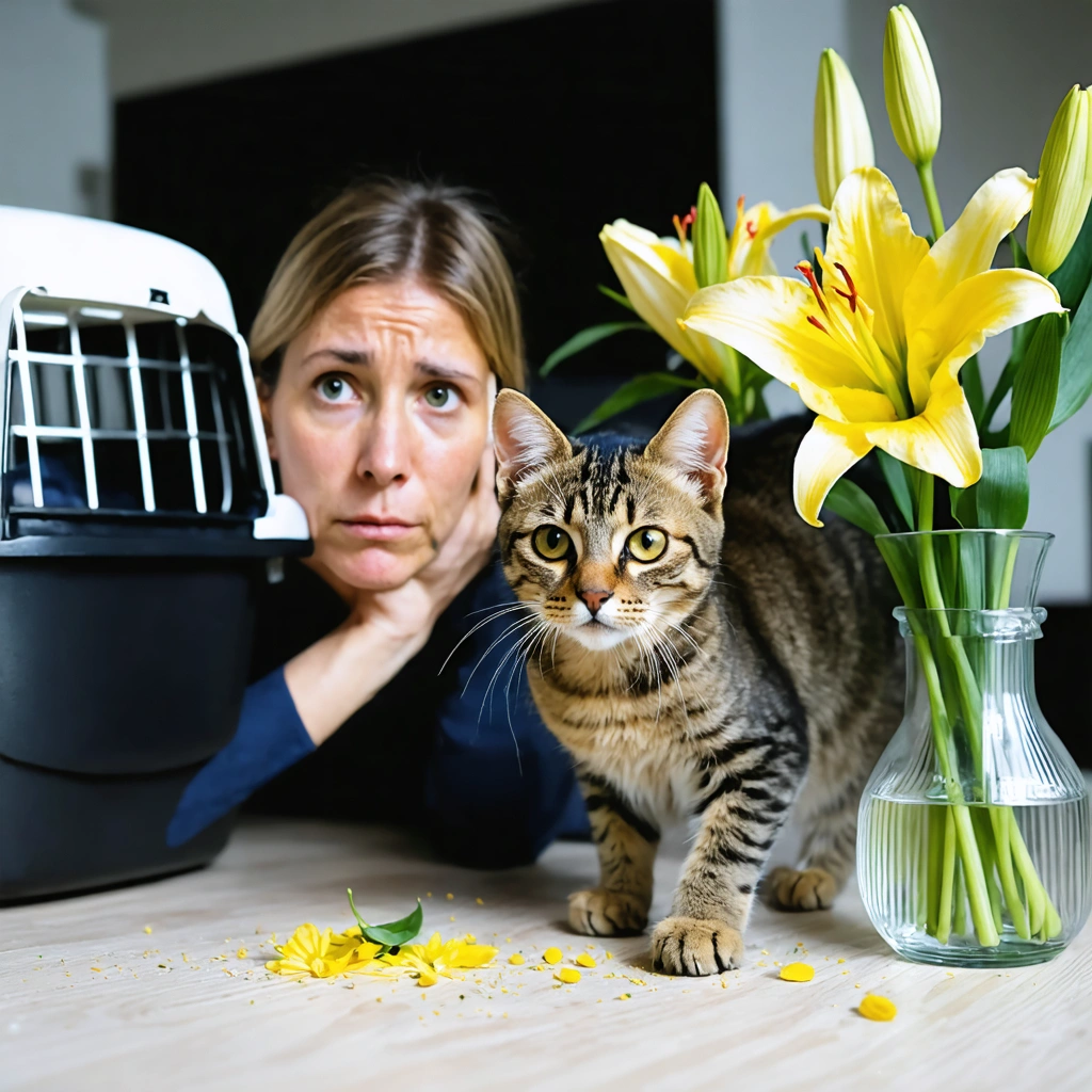 Un chat domestique près d’un bouquet de lys avec une feuille abîmée, pendant qu’une femme inquiète prépare une caisse de transport pour partir en urgence chez le vétérinaire.