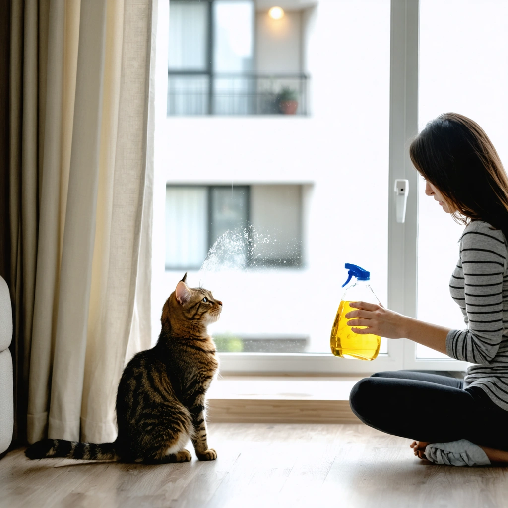 Un chat sterilise dans une maison s'approche d'un mur pres d'une fenetre pendant que sa proprietaire observe la scene avec du materiel de nettoyage.