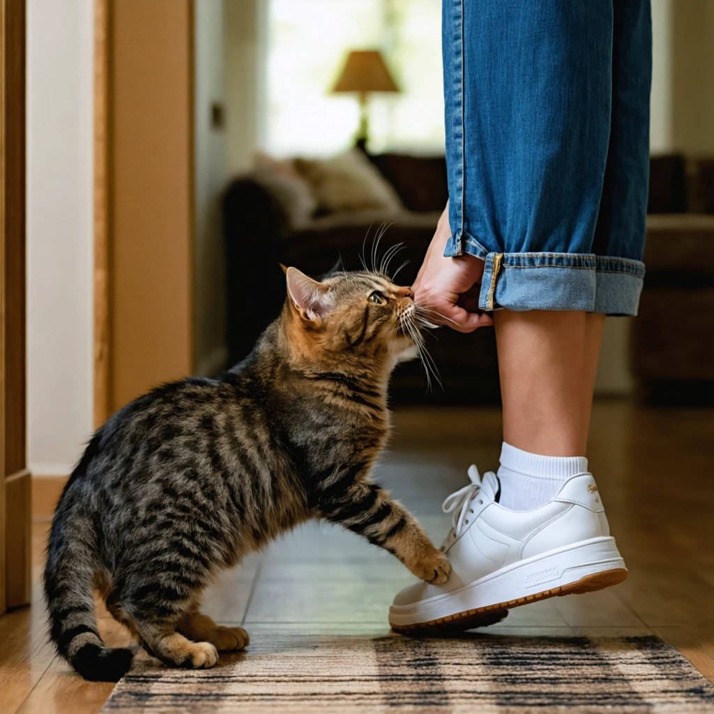 Un chat domestique saisit doucement la cheville d'une personne qui marche dans un appartement, illustrant un comportement de jeu ou de sollicitation.