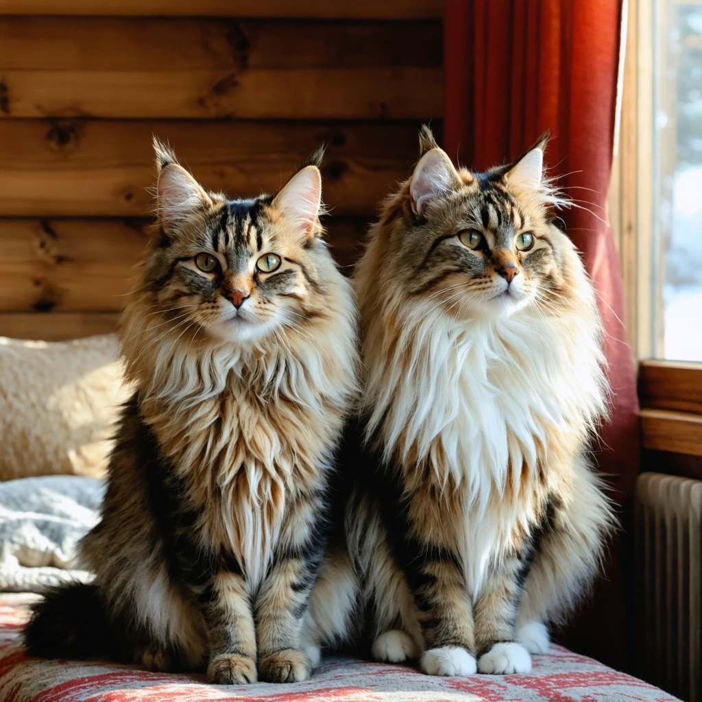 Un chat norvegien et un maine coon assis cote a cote dans un interieur chaleureux, montrant leurs differences de silhouette, de tete et de pelage.