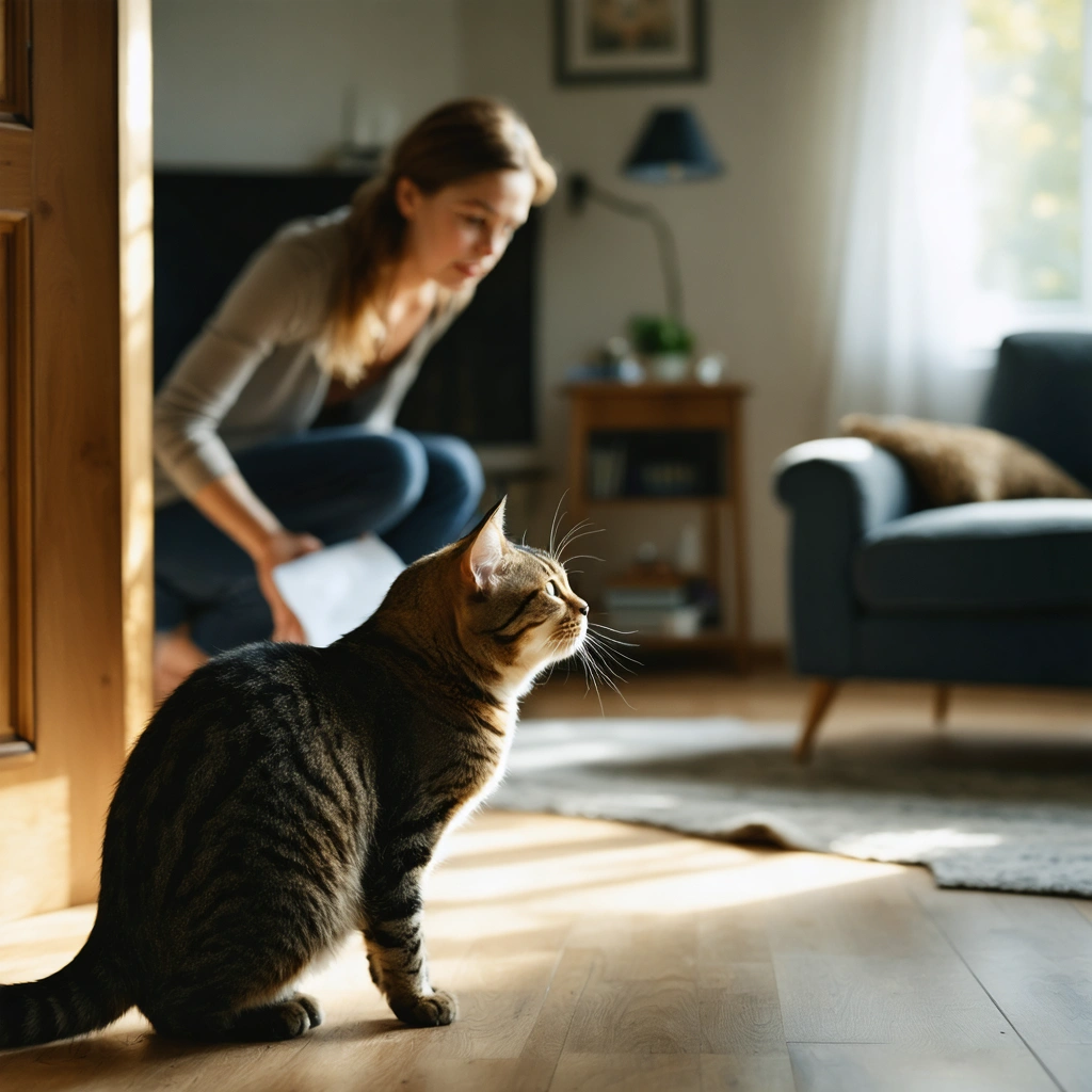 Un chat méfiant feule dans un salon face à un nouveau membre de la famille, pendant qu’une femme reste calme pour apaiser la situation.