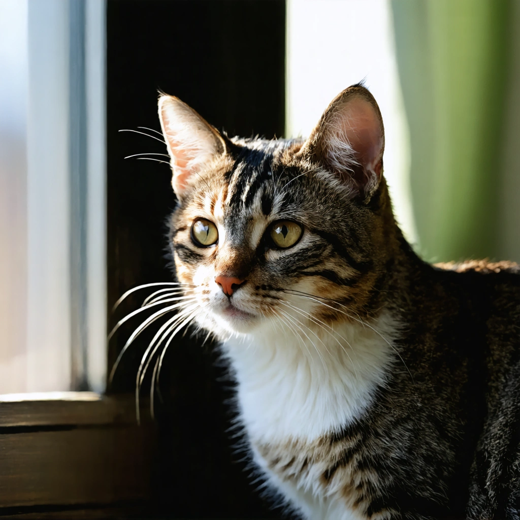 Gros plan réaliste d’un chat domestique avec les oreilles chaudes et le nez sec dans un intérieur lumineux